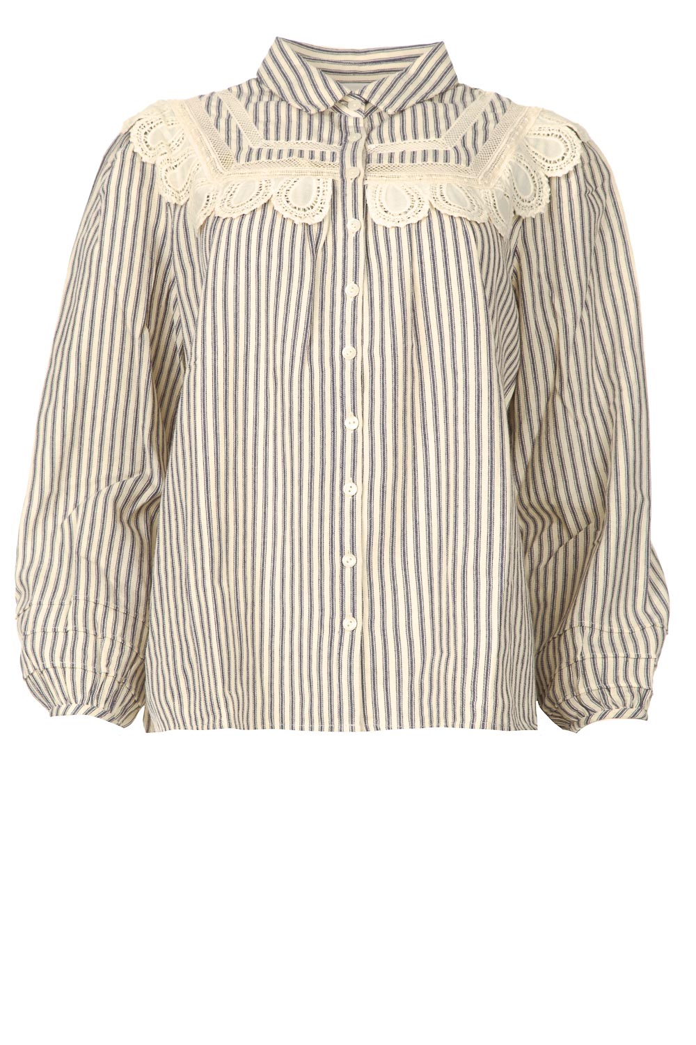 lepel Offer Andrew Halliday Gestreepte blouse met kant Anael | blauw | ba&sh | Little Soho